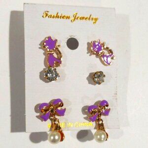 Gold Tone Purple Cat, Bow Tie & Crystal Stud Earrings Set - Women's Jewelry